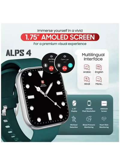 Swiss Military ALPS4 Smartwatch – Stylish AMOLED Wearable with Bluetooth Calling, Health Monitoring, Wireless Charging & Multilingual Support - Green-5