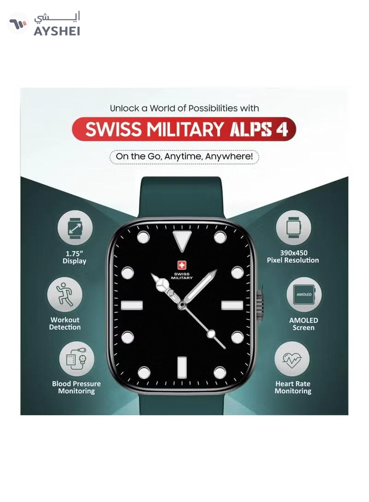 Swiss Military ALPS4 Smartwatch – Stylish AMOLED Wearable with Bluetooth Calling, Health Monitoring, Wireless Charging & Multilingual Support - Green-3-3