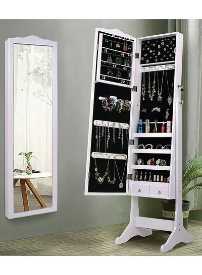 Dressing Mirror with Jewelry Box Full Length Mirror Jewelry Organizer Lockable Wood Standing Jewelry Armoire with Mirror-0