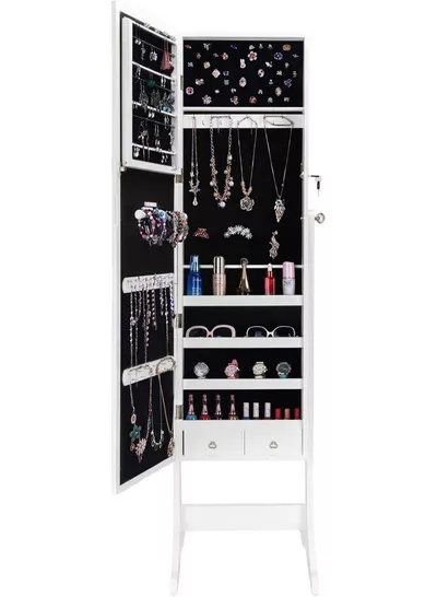 Dressing Mirror with Jewelry Box Full Length Mirror Jewelry Organizer Lockable Wood Standing Jewelry Armoire with Mirror-2