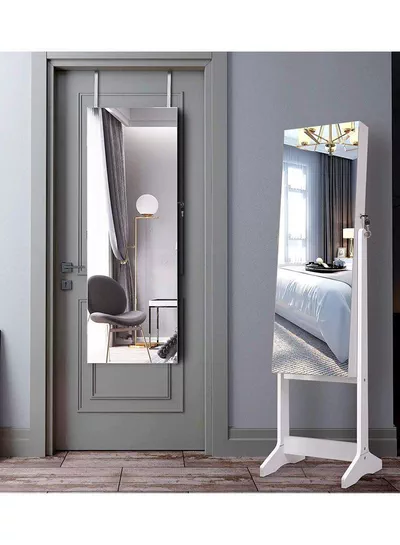 Dressing Mirror with Jewelry Box Full Length Mirror Jewelry Organizer Lockable Wood Standing Jewelry Armoire with Mirror-4