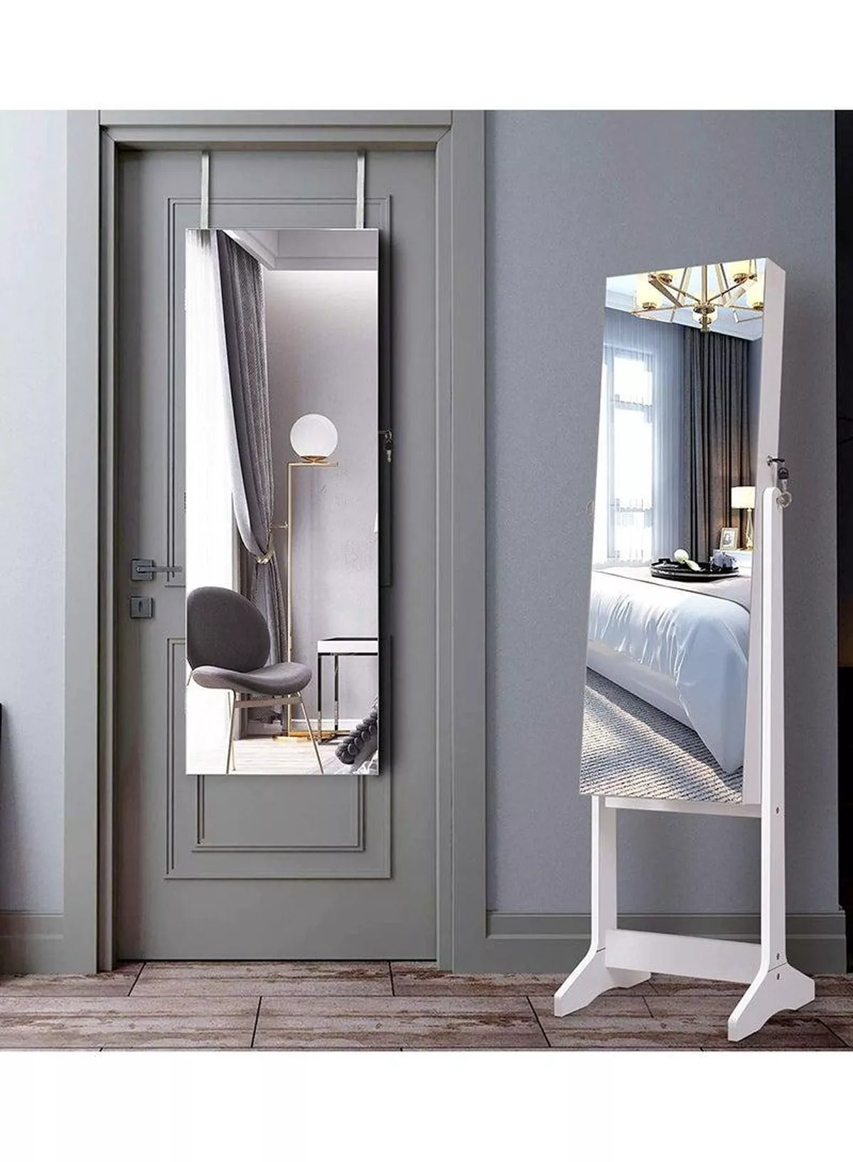 Dressing Mirror with Jewelry Box Full Length Mirror Jewelry Organizer Lockable Wood Standing Jewelry Armoire with Mirror-4-4