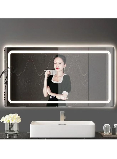 NKX Multifunctional Horizontal Smart Mirror with Rounded Frameless Design with LED Lighting, Human Body Sensor, Dual Touch Controls, Defogging, Time & Temperature Display 50 X 70 Cm-3