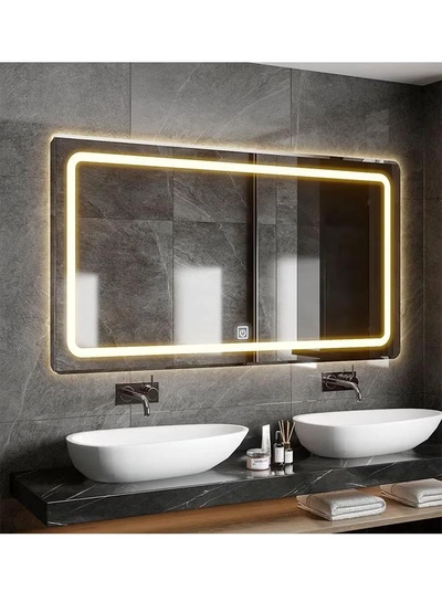 NKX Multifunctional Horizontal Smart Mirror with Rounded Frameless Design with LED Lighting, Human Body Sensor, Dual Touch Controls, Defogging, Time & Temperature Display 50 X 70 Cm-0