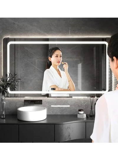 NKX Multifunctional Horizontal Smart Mirror with Rounded Frameless Design with LED Lighting, Human Body Sensor, Dual Touch Controls, Defogging, Time & Temperature Display 50 X 70 Cm-1
