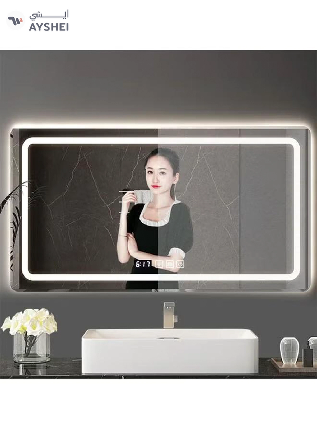 NKX Multifunctional Horizontal Smart Mirror with Rounded Frameless Design with LED Lighting, Human Body Sensor, Dual Touch Controls, Defogging, Time & Temperature Display 50 X 70 Cm-3-3