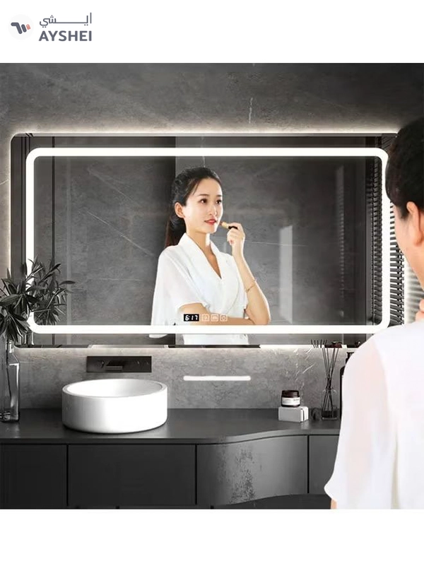 NKX Multifunctional Horizontal Smart Mirror with Rounded Frameless Design with LED Lighting, Human Body Sensor, Dual Touch Controls, Defogging, Time & Temperature Display 50 X 70 Cm