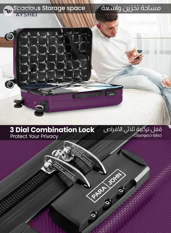 PARAJOHN Medium 24-Inch ABS Lightweight Hardshell Luggage Trolley | carrying 3kg 4-Wheel Spinner Suitcase Purple