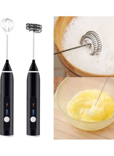 XiuWoo 3-Piece Electric Milk Frother And Whisk Set Black/Silver-3