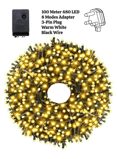 Yuwell 100 Meter 480 LED String Lights Decoration Lights Warm White Light 8 Modes Led Light Black Wire For Home Decorations Ramadan Lights Indoor & Outdoor Decoration Ramadan Decoration Light Diwali Lights Curtain Lights With 3-Pin UK Plug-0