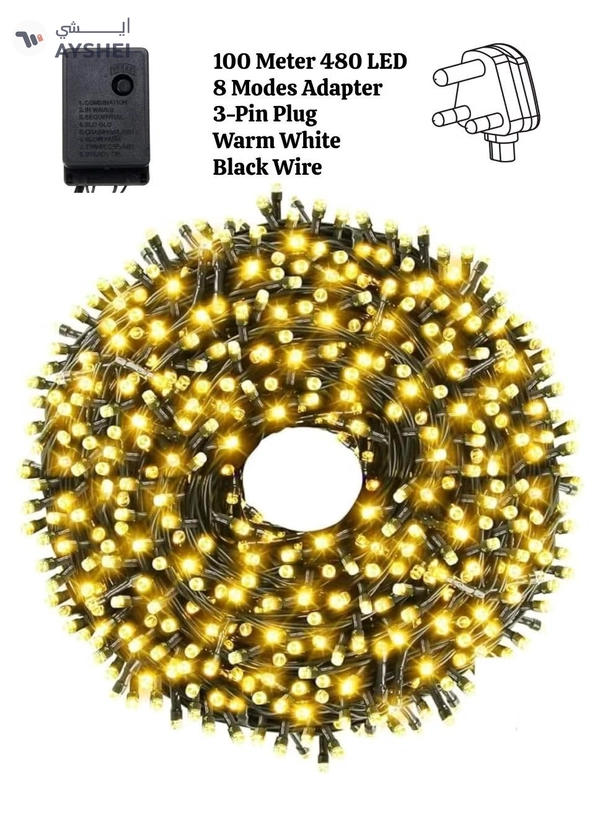 Yuwell 100 Meter 480 LED String Lights Decoration Lights Warm White Light 8 Modes Led Light Black Wire For Home Decorations Ramadan Lights Indoor & Outdoor Decoration Ramadan Decoration Light Diwali Lights Curtain Lights With 3-Pin UK Plug