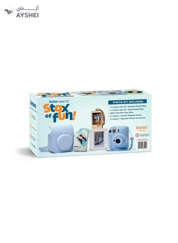 Fujifilm Instax Mini12 Instant Camera Kit (Pastel Blue) Mini12 Camera case Blue,instax mini film 10pk Sky Blue,Acrylic Photo Frame,Wooden Photo Bag Tag/ornament