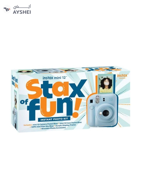 Fujifilm Instax Mini12 Instant Camera Kit (Pastel Blue) Mini12 Camera case Blue,instax mini film 10pk Sky Blue,Acrylic Photo Frame,Wooden Photo Bag Tag/ornament