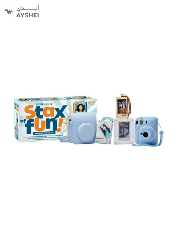 Fujifilm Instax Mini12 Instant Camera Kit (Pastel Blue) Mini12 Camera case Blue,instax mini film 10pk Sky Blue,Acrylic Photo Frame,Wooden Photo Bag Tag/ornament