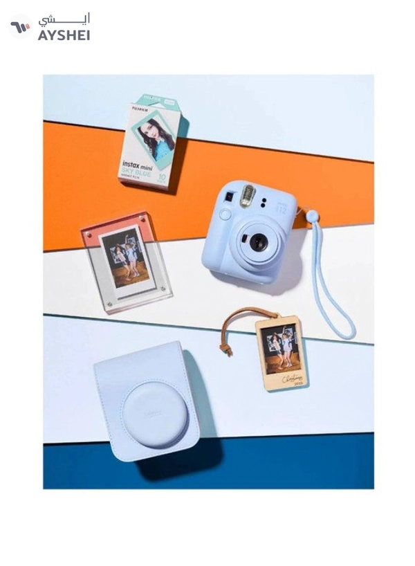 Fujifilm Instax Mini12 Instant Camera Kit (Pastel Blue) Mini12 Camera case Blue,instax mini film 10pk Sky Blue,Acrylic Photo Frame,Wooden Photo Bag Tag/ornament