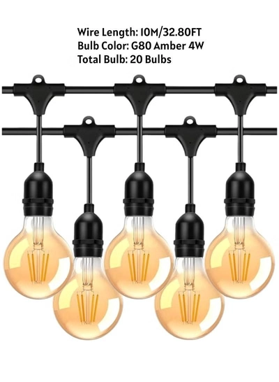 Yuwell Outdoor Waterproof IP65 Led String Lights E27 Holder 10 Meter Bulb Holder Wire With 20 Bulbs 4W G80 Amber With EU Plug Solar Bulb Holder For Ramadan Decoration Lights And Outdoor Decoration Light Hanging Light 6000mAh & USB-C, String Lights With Remote Control And 8 Modes Ramadan Light With Cable Ties-6