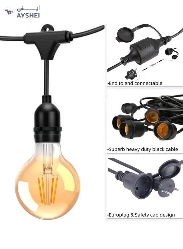 Yuwell Outdoor Waterproof IP65 Led String Lights E27 Holder 10 Meter Bulb Holder Wire With 20 Bulbs 4W G80 Amber With EU Plug Solar Bulb Holder For Ramadan Decoration Lights And Outdoor Decoration Light Hanging Light 6000mAh & USB-C, String Lights With Remote Control And 8 Modes Ramadan Light With Cable Ties