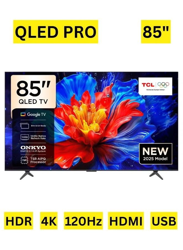 TCL 85 Inch P8K QLED TV | 4K UHD Google TV | AiPQ Pro Processor | 144Hz Native Refresh Rate, Dolby Vision, HDR10+, HLG | ONKYO 2.1 Hi-Fi System | HVA Panel | DTS Virtual X | Bezel-less Design | Game Master - International Version 85P8K Black