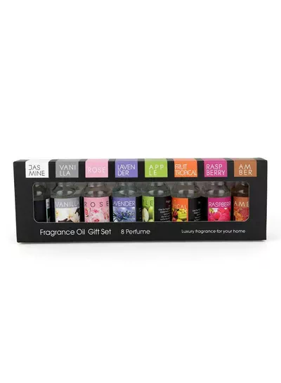 Luxury Fragrance Oil Gift Set – 8 Captivating Scents for Every Mood Discover eight delightful fragrance oils featuring Jasmine, Vanilla, Rose, Lavender, Apple, Tropical Fruit, Raspberry, and Amber. A beautiful gift set perfect for creating a relaxing, welcoming, and beautifully scented home atmosphere.-0