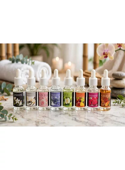 Luxury Fragrance Oil Gift Set – 8 Captivating Scents for Every Mood Discover eight delightful fragrance oils featuring Jasmine, Vanilla, Rose, Lavender, Apple, Tropical Fruit, Raspberry, and Amber. A beautiful gift set perfect for creating a relaxing, welcoming, and beautifully scented home atmosphere.-1