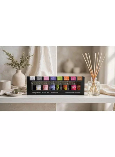 Luxury Fragrance Oil Gift Set – 8 Captivating Scents for Every Mood Discover eight delightful fragrance oils featuring Jasmine, Vanilla, Rose, Lavender, Apple, Tropical Fruit, Raspberry, and Amber. A beautiful gift set perfect for creating a relaxing, welcoming, and beautifully scented home atmosphere.-2