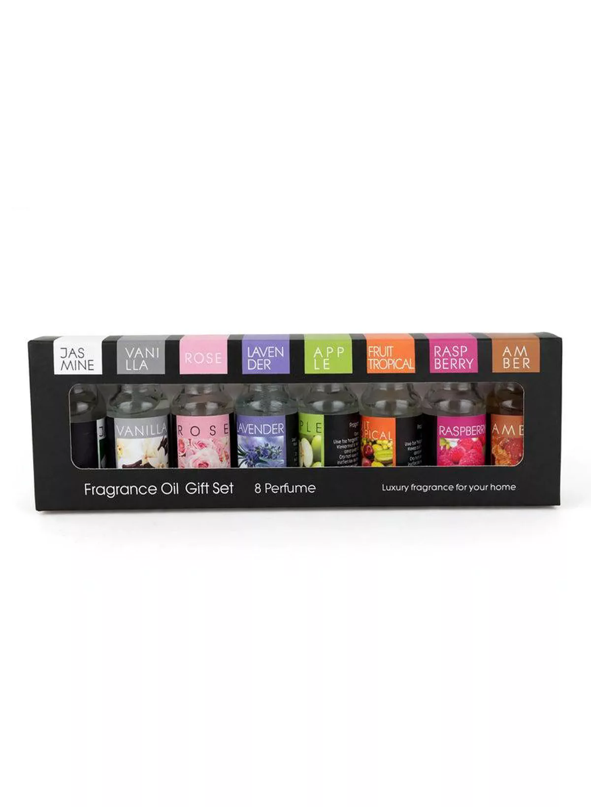 Luxury Fragrance Oil Gift Set – 8 Captivating Scents for Every Mood Discover eight delightful fragrance oils featuring Jasmine, Vanilla, Rose, Lavender, Apple, Tropical Fruit, Raspberry, and Amber. A beautiful gift set perfect for creating a relaxing, welcoming, and beautifully scented home atmosphere.