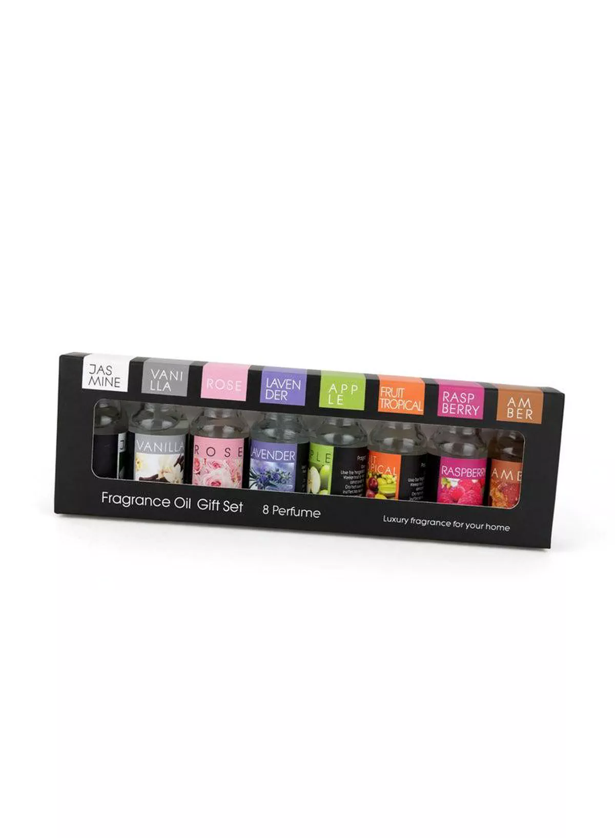 Luxury Fragrance Oil Gift Set – 8 Captivating Scents for Every Mood Discover eight delightful fragrance oils featuring Jasmine, Vanilla, Rose, Lavender, Apple, Tropical Fruit, Raspberry, and Amber. A beautiful gift set perfect for creating a relaxing, welcoming, and beautifully scented home atmosphere.-3-3