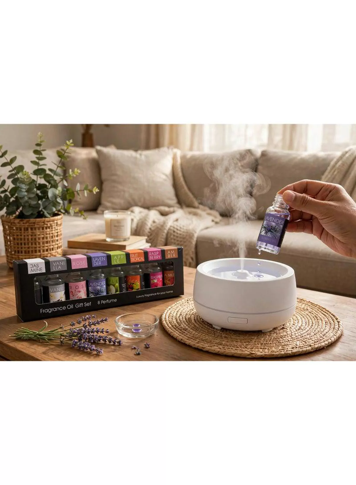 Luxury Fragrance Oil Gift Set – 8 Captivating Scents for Every Mood Discover eight delightful fragrance oils featuring Jasmine, Vanilla, Rose, Lavender, Apple, Tropical Fruit, Raspberry, and Amber. A beautiful gift set perfect for creating a relaxing, welcoming, and beautifully scented home atmosphere.-5-5