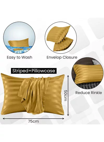 Set of 2 Gold Satin Stripe Pillow Covers Featuring 300 Thread Count, 1cm Satin Stripe, Envelope Closure, Cool, Breathable & Premium Quality-1