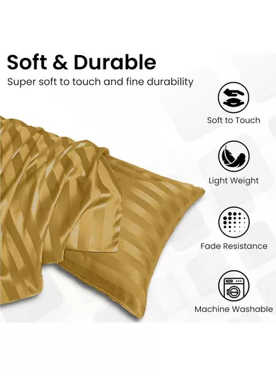 Set of 2 Gold Satin Stripe Pillow Covers Featuring 300 Thread Count, 1cm Satin Stripe, Envelope Closure, Cool, Breathable & Premium Quality-4