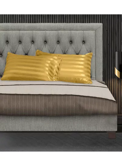 Set of 2 Gold Satin Stripe Pillow Covers Featuring 300 Thread Count, 1cm Satin Stripe, Envelope Closure, Cool, Breathable & Premium Quality-6