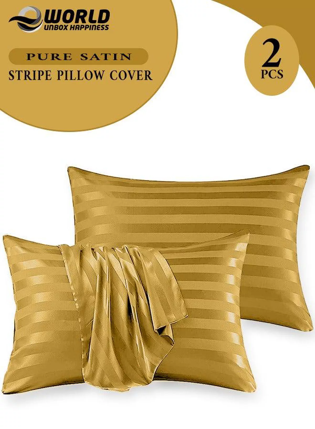 Set of 2 Gold Satin Stripe Pillow Covers Featuring 300 Thread Count, 1cm Satin Stripe, Envelope Closure, Cool, Breathable & Premium Quality