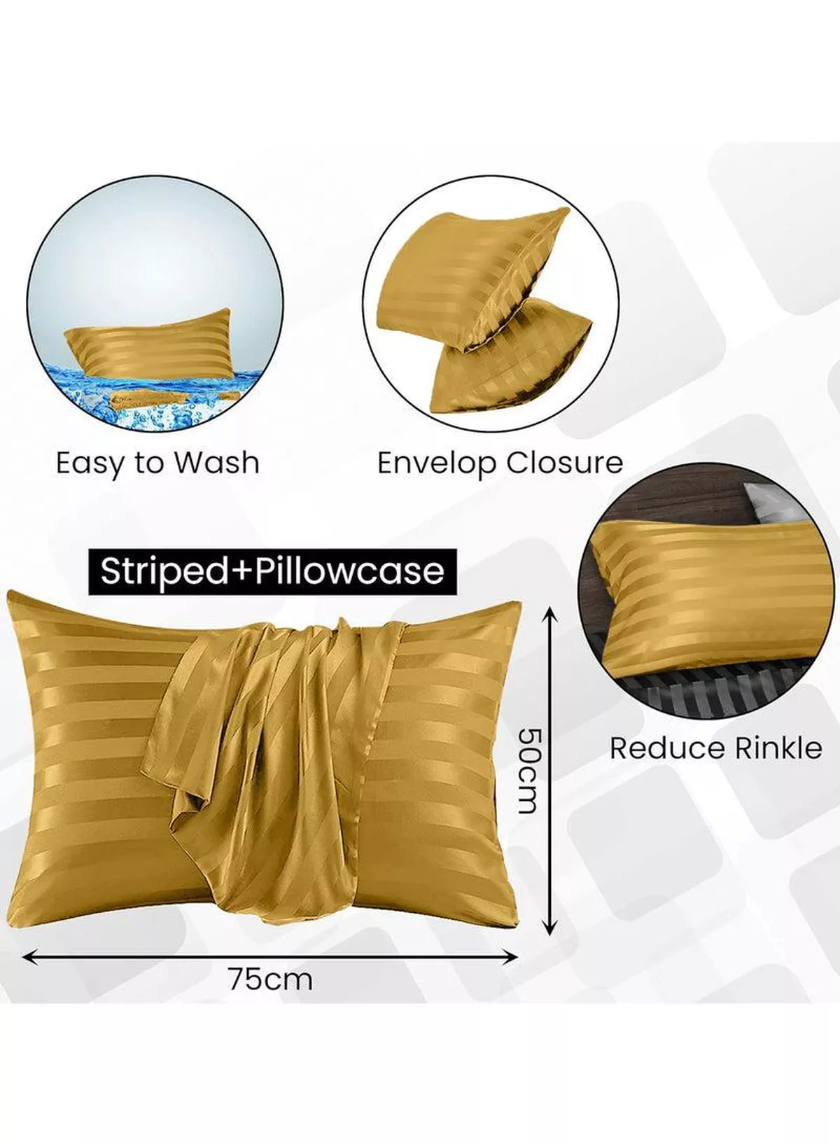 Set of 2 Gold Satin Stripe Pillow Covers Featuring 300 Thread Count, 1cm Satin Stripe, Envelope Closure, Cool, Breathable & Premium Quality-1-1