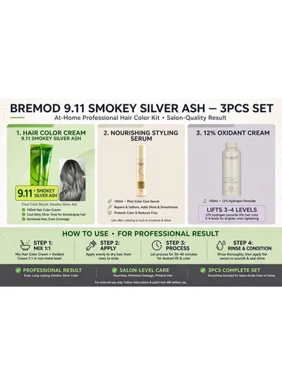 Bremod Smokey Silver Ash 9.11 Professional Hair Color Bundle – 3 Piece Set with 12% Oxidant Cream and Styling Spray, Designed for Vibrant Color, Smooth Application, Long-Lasting Results and Elegant Hair Styling-4