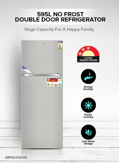 GEEPAS 595L Gross/465L Net Capacity No Frost Double Door Refrigerator| With Inverter Compressor, Interior LED Lighting, Multi Air Flow, Stainless Steel Finish, Recessed Handle, Chrome Bottle Holder & Chiller Shelves, Glass Shelves, Freezer- 100L capacity 0 W GRF6021SSXN Silver-0