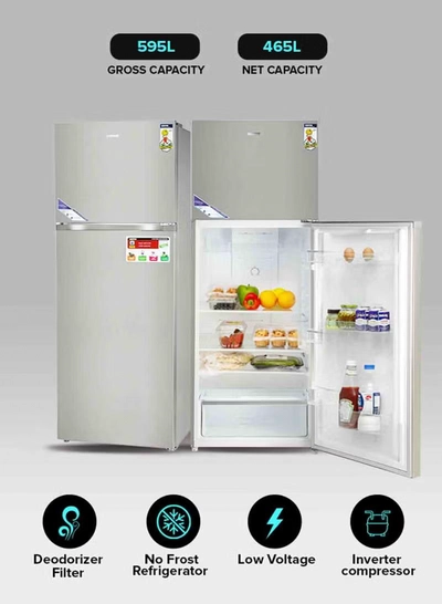 GEEPAS 595L Gross/465L Net Capacity No Frost Double Door Refrigerator| With Inverter Compressor, Interior LED Lighting, Multi Air Flow, Stainless Steel Finish, Recessed Handle, Chrome Bottle Holder & Chiller Shelves, Glass Shelves, Freezer- 100L capacity 0 W GRF6021SSXN Silver-3