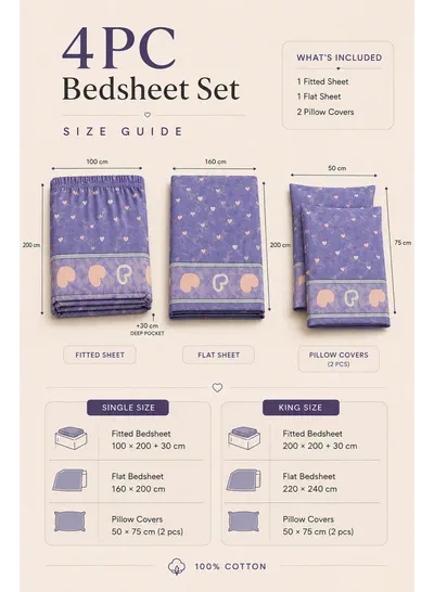 4-Piece Printed Cotton Bedsheet Set, Heart Pattern, 100% Cotton, 125 GSM, 1 Fitted Sheet + 1 Flat Sheet + 2 Pillowcases – Available in Single and King Sizes-1