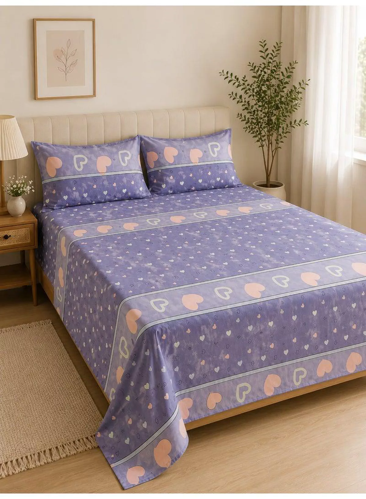4-Piece Printed Cotton Bedsheet Set, Heart Pattern, 100% Cotton, 125 GSM, 1 Fitted Sheet + 1 Flat Sheet + 2 Pillowcases – Available in Single and King Sizes