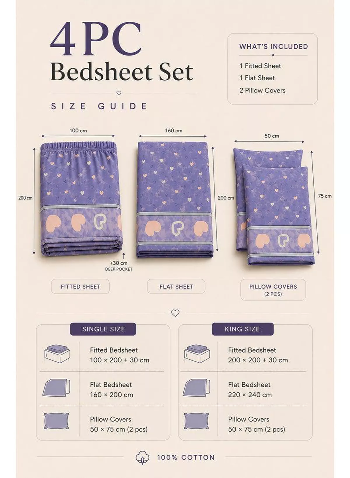 4-Piece Printed Cotton Bedsheet Set, Heart Pattern, 100% Cotton, 125 GSM, 1 Fitted Sheet + 1 Flat Sheet + 2 Pillowcases – Available in Single and King Sizes-1-1