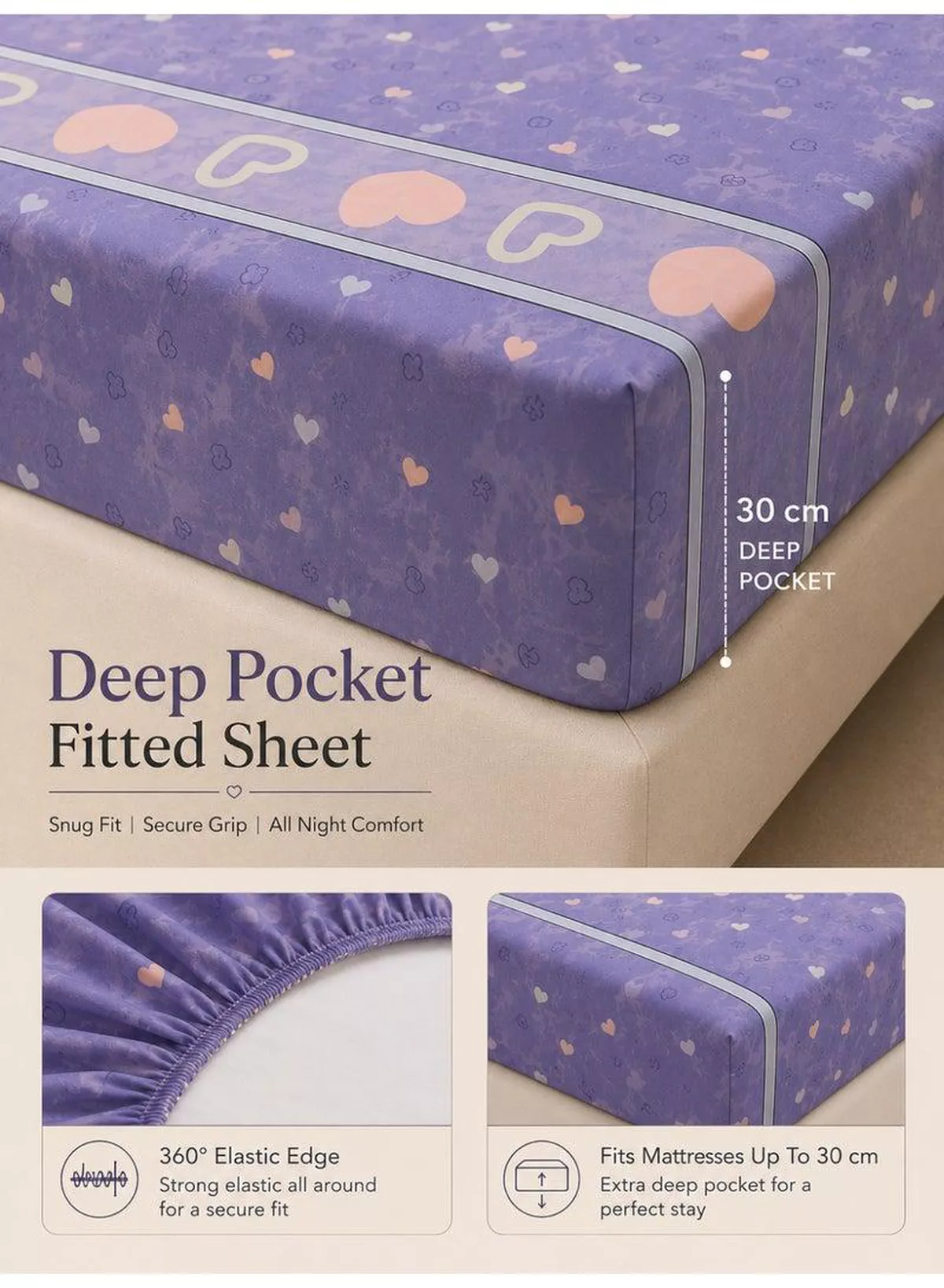4-Piece Printed Cotton Bedsheet Set, Heart Pattern, 100% Cotton, 125 GSM, 1 Fitted Sheet + 1 Flat Sheet + 2 Pillowcases – Available in Single and King Sizes-3-3