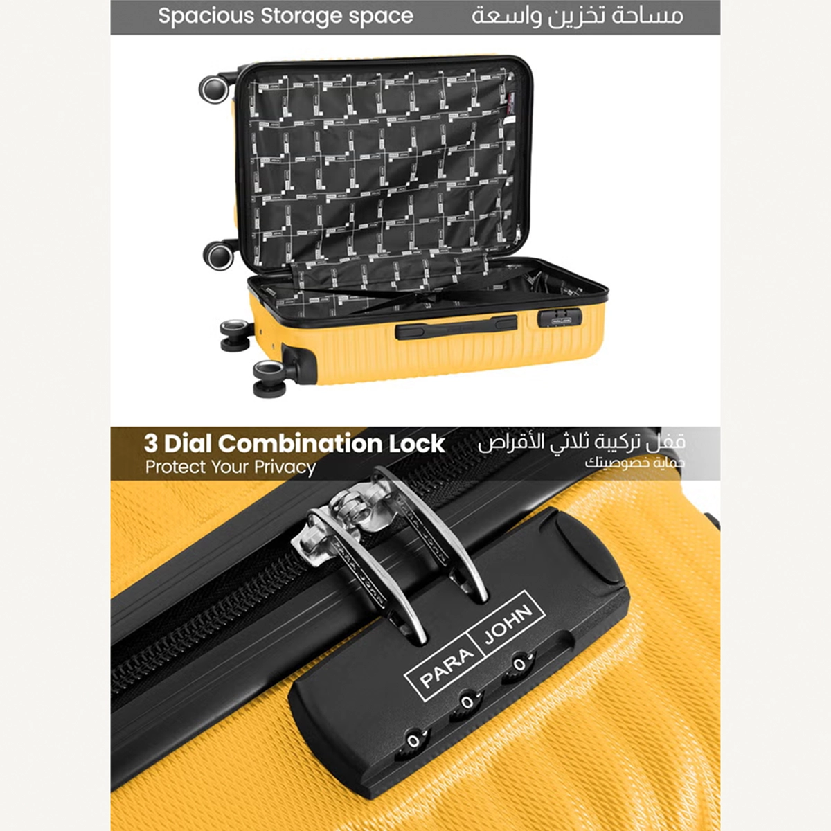 Para John ABS Material 3-Piece Hardsided Luggage Set | 4-Wheel Spinner Trolley | Small (10kg), Medium (20kg), Large (30kg)yellow-5-5