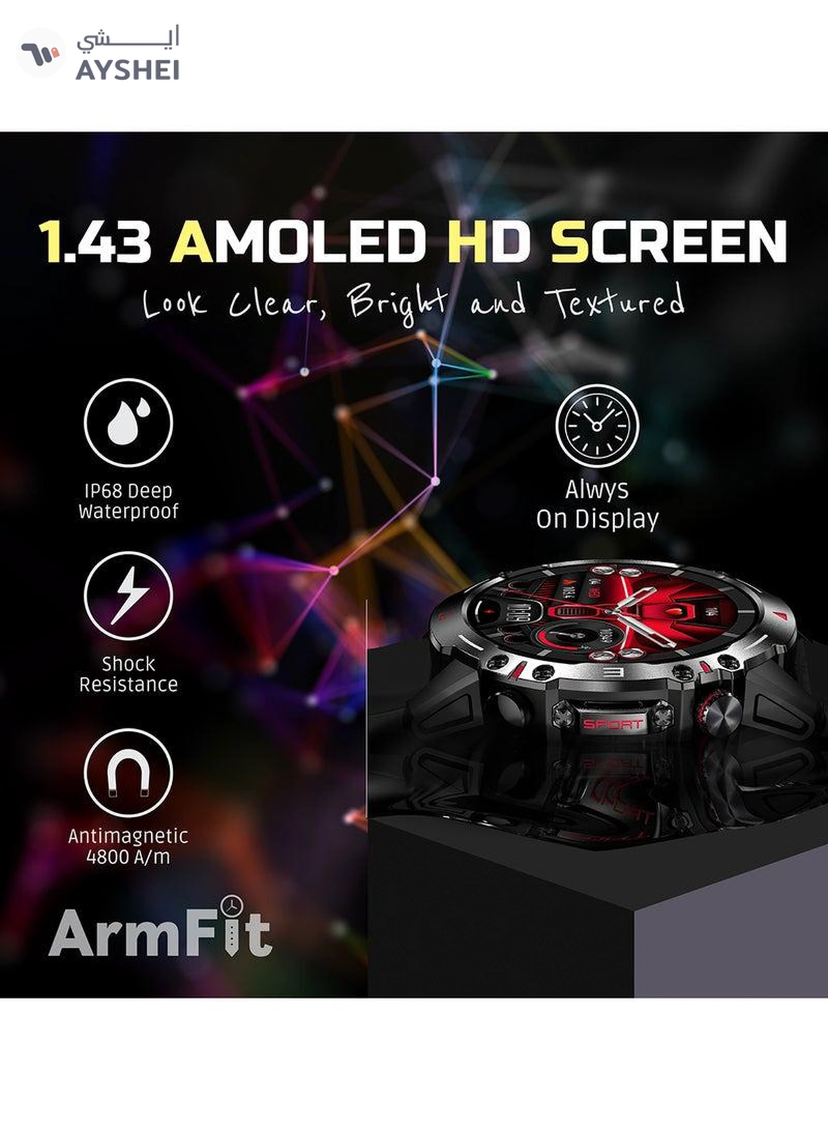ARMFIT Hulk Smartwatch For Men, AMOLED Always On Display Bluetooth Calling Waterproof Fitness Watches Compatible With Android iOS Black-1-1