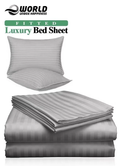 Eworld 3 Piece Luxury Grey Striped Bed Sheet Set with 1 Deep Pocket Fitted Sheet and 2 Pillowcases-0