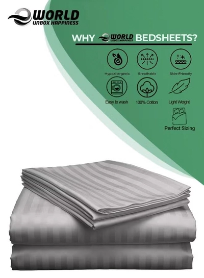 Eworld 3 Piece Luxury Grey Striped Bed Sheet Set with 1 Deep Pocket Fitted Sheet and 2 Pillowcases-2