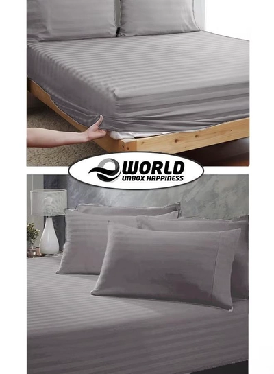 Eworld 3 Piece Luxury Grey Striped Bed Sheet Set with 1 Deep Pocket Fitted Sheet and 2 Pillowcases-4