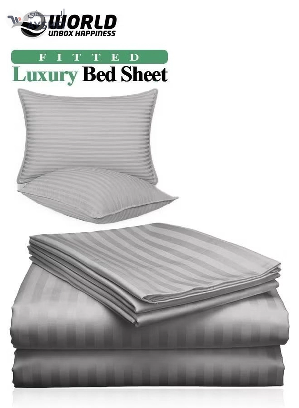 Eworld 3 Piece Luxury Grey Striped Bed Sheet Set with 1 Deep Pocket Fitted Sheet and 2 Pillowcases
