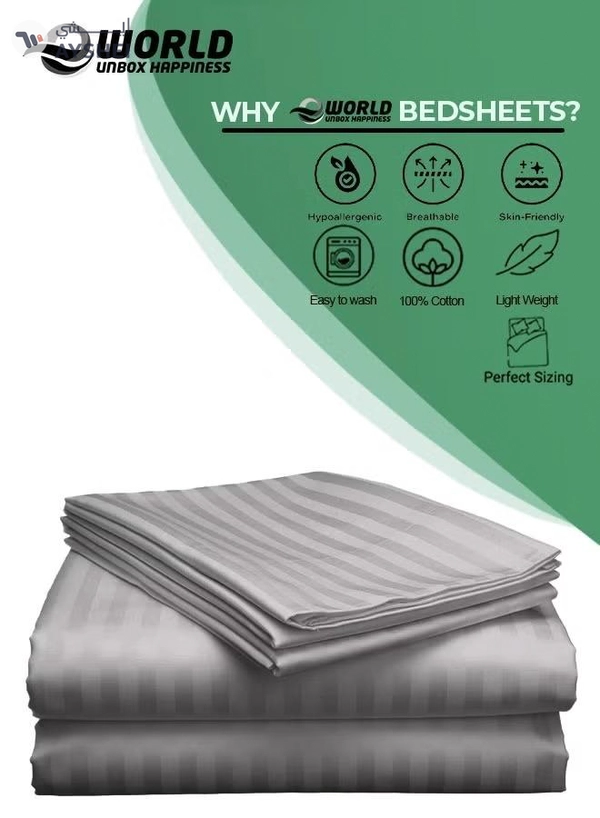 Eworld 3 Piece Luxury Grey Striped Bed Sheet Set with 1 Deep Pocket Fitted Sheet and 2 Pillowcases