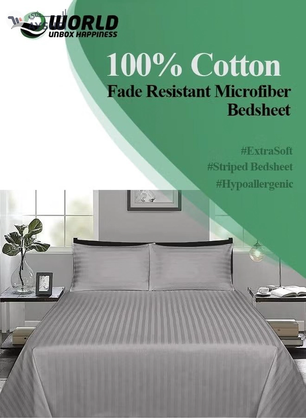 Eworld 3 Piece Luxury Grey Striped Bed Sheet Set with 1 Deep Pocket Fitted Sheet and 2 Pillowcases