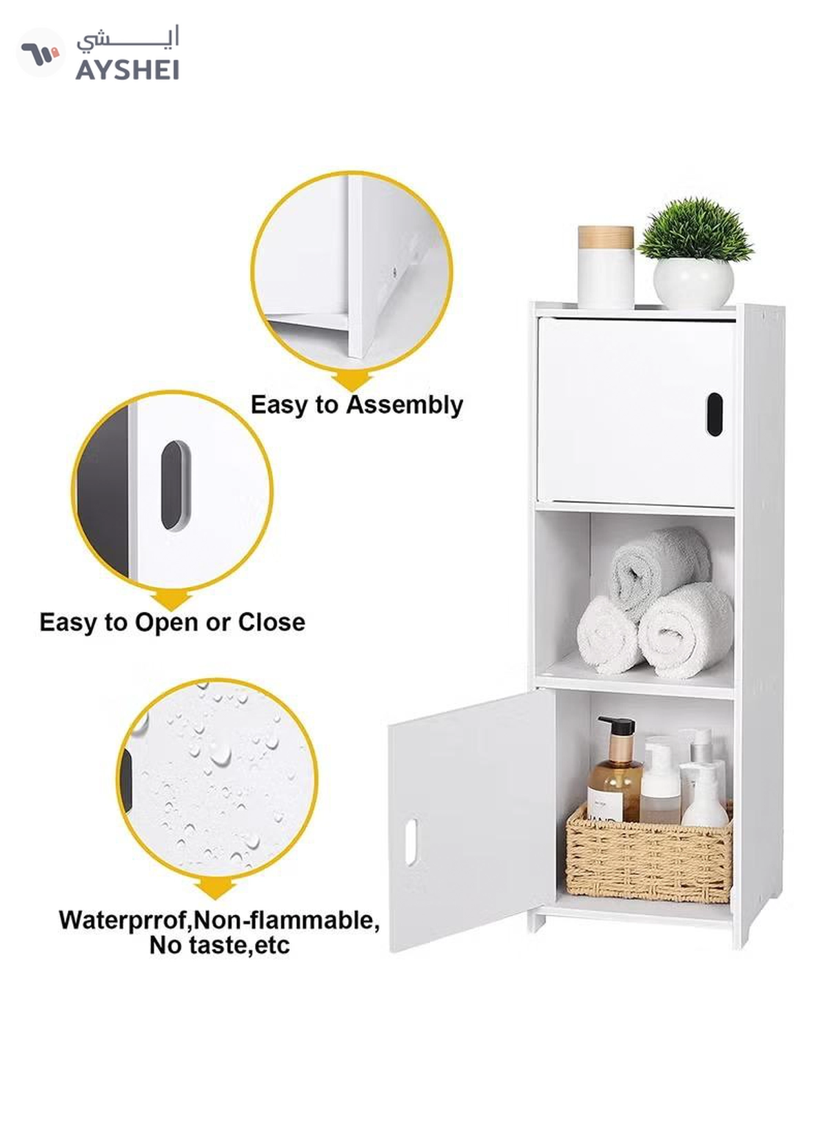 Eworld 3-Tier Free Standing Bathroom Furniture Cabinets with Doors Suitable for Livingroom -5-5