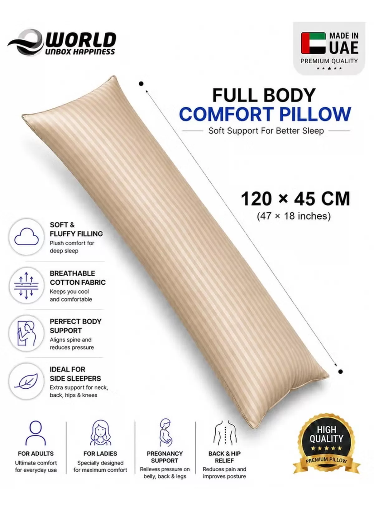 Eworld Premium Full Body Pillow for Adults, Ultra-Smooth Polyester Fiber, Breathable & Ideal for Side Sleepers, with Ultra-Soft Cotton Cover, Available in Multiple Colors, 120x45 cm
